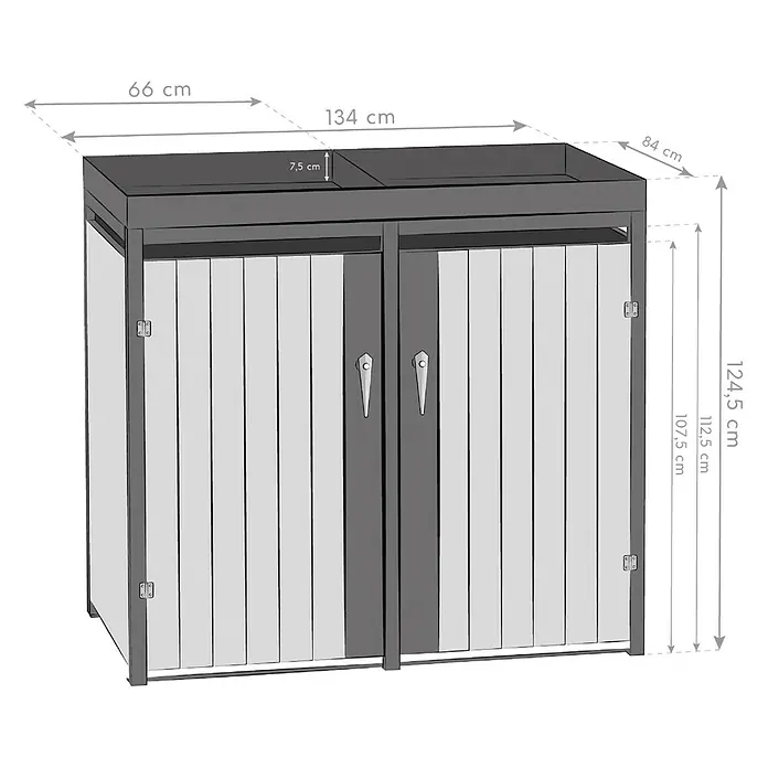 Westmann Mülltonnenbox Planta - Stahl, Anthrazit/Braun, Geeignet für Anzahl Mülltonnen: 2 Stk. - Ansicht der grauen Mülltonnenbox mit Maßangaben zu Höhe, Breite und Tiefe. Ideal für die stilvolle Mülltonnenaufbewahrung.