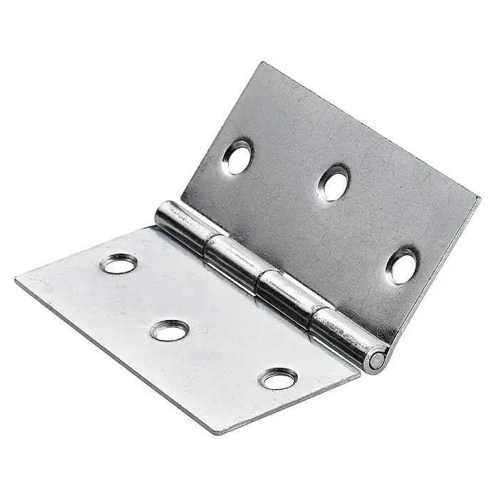 Hettich Scharniere - L x B x H: 60 x 60 x 1,5 mm, Verzinkt, 1 Stk. - Nahaufnahme eines glänzenden, silberfarbenen Türscharniers mit Schraubenlöchern auf schwarzem Hintergrund.