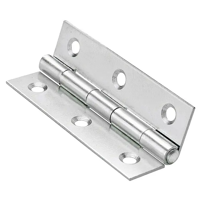 Hettich Scharniere - L x B x H: 70 x 35 x 70 mm, Verzinkt, 1 Stk. - Nahaufnahme eines glänzenden, silberfarbenen Türscharniers mit Löchern für Schrauben, das zur Befestigung von Türen und Möbeln dient.