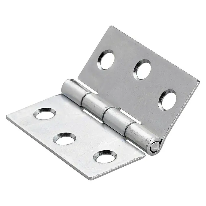 Hettich Scharniere - L x B x H: 40 x 40 x 40 mm, Verzinkt, 1 Stk. - Nahaufnahme eines glänzenden, silberfarbenen Türbandes, das teilweise geöffnet ist und Details der Schraubenlöcher zeigt.