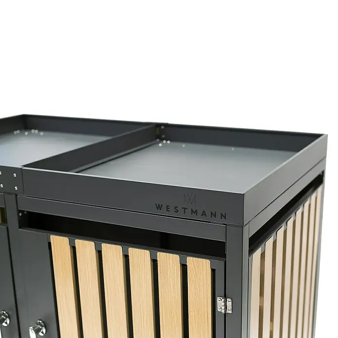 Westmann Mülltonnenbox Planta - Stahl, Anthrazit/Braun, Geeignet für Anzahl Mülltonnen: 2 Stk. - Detailaufnahme eines Westmann-Gartenschranks mit Holzverkleidung und stilvoller Konstruktion, ideal für die Gartenaufbewahrung.