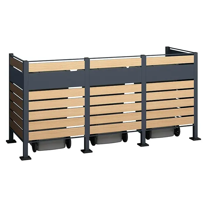 Westmann Mülltonnenbox Verkleidung Planum - 90 x 250 x 120 cm, Anthrazit/Holzoptik - Mülltonnenbox mit dunkelgrauem Metallrahmen und hellen Holzlamellen, für drei Rollmülltonnen.