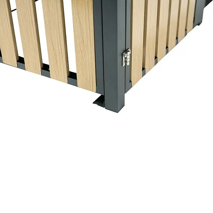 Westmann Mülltonnenbox Planta - Stahl, Anthrazit/Braun, Geeignet für Anzahl Mülltonnen: 2 Stk. - Detailaufnahme eines modernen Mülltonnenbox-Designs mit Holzlatten und robustem, anthrazitfarbenem Metallrahmen, der Funktionalität mit Ästhetik verbindet.