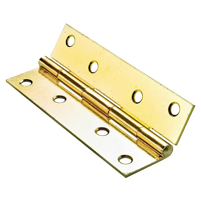 Hettich Scharniere - L x B x H: 100 x 50 x 100 mm, Vermessingt, 1 Stk. - Ein goldfarbenes Türscharnier mit sichtbaren Schraubenlöchern, geöffnet dargestellt. Ideal für DIY-Projekte und Möbelreparaturen.