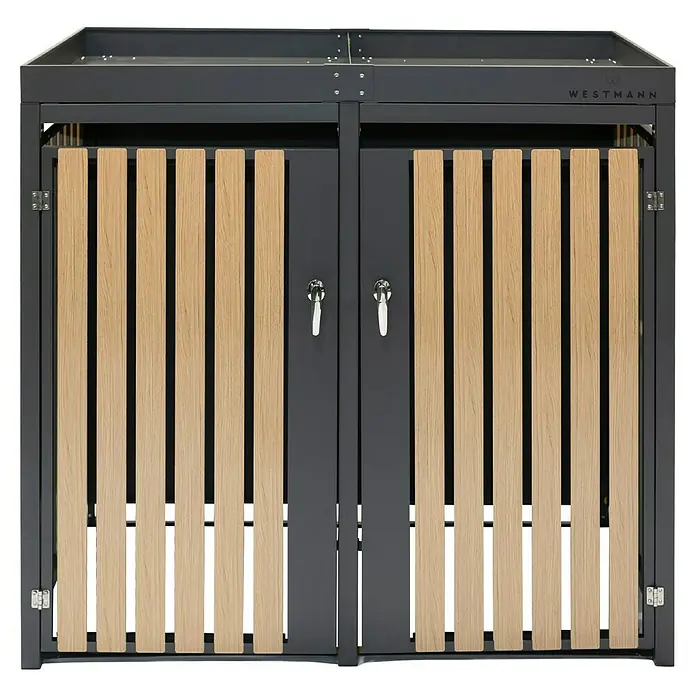 Westmann Mülltonnenbox Planta - Stahl, Anthrazit/Braun, Geeignet für Anzahl Mülltonnen: 2 Stk. - Elegante Mülltonnenbox mit Holzverkleidung. Stilvolle Lösung zur Aufbewahrung von Mülltonnen, die Funktionalität und Ästhetik vereint.
