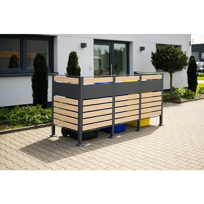 Westmann Mülltonnenbox Verkleidung Planum - 90 x 250 x 120 cm, Anthrazit/Holzoptik - Mülltonnenbox aus Holz und Metall zur stilvollen Aufbewahrung von Mülltonnen im Außenbereich mit praktischem Design.