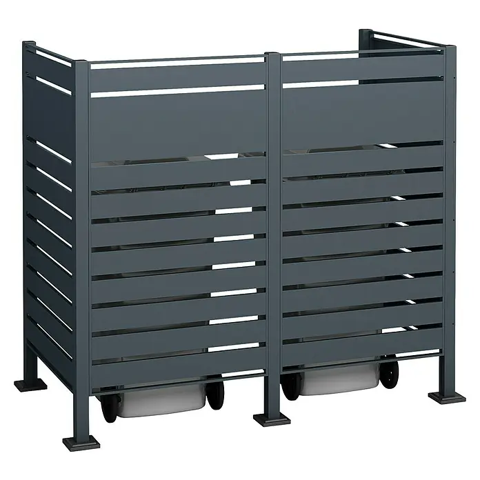 Westmann Mülltonnenbox Verkleidung Planum - 90 x 170 x 150 cm, Anthrazit - Doppelter Mülltonnenbox mit Lattenzaun-Design aus grauem Metall, ideal für die diskrete Aufbewahrung von Mülltonnen im Außenbereich.