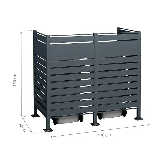 Westmann Mülltonnenbox Verkleidung Planum - 90 x 170 x 150 cm, Anthrazit - Bild eines grauen, doppelten Mülltonnenbox mit den Maßen 170 cm x 90 cm x 150 cm.