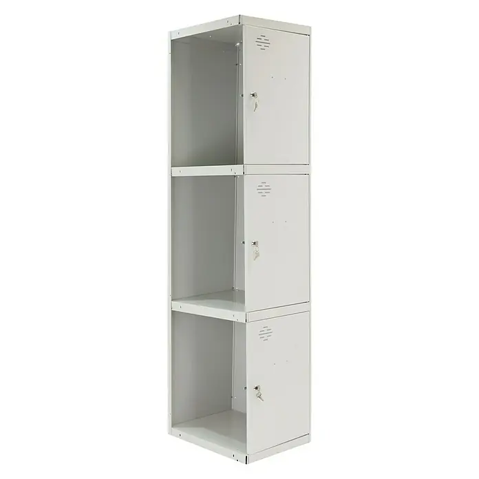 Simonrack Simonlocker Taquilla locker Prof. Adicional Desmontada - 50 x 30 x 180 cm, Número de puertas: 3 ud. - Un armario gris de tres niveles con puertas con cerradura, perfecto para oficinas o escuelas.