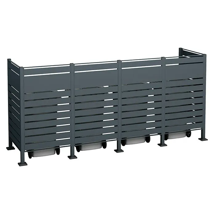 Westmann Mülltonnenbox Verkleidung Planum - 90 x 330 x 150 cm, Anthrazit - Diese Aufnahme zeigt eine elegante, graue Sichtschutzwand mit horizontalen Lamellen, die Privatsphäre bietet und gleichzeitig stilvoll aussieht.