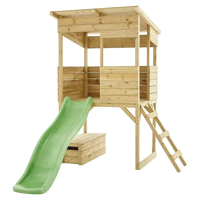 Westmann Spielhaus Wildnis - L x B x H: 241 x 167 x 205 cm, Holz, Braun - Holzspielhaus mit Rutsche und Leiter. Das naturbelassene Spielhaus ist ideal für Kinder zum Spielen im Garten.