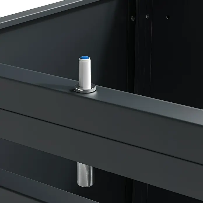 Westmann Mülltonnenbox Lacina - Stahl, Anthrazit/Braun, Geeignet für Anzahl Mülltonnen: 5 Stk. - Ein graues Möbelstück mit einem weißen und blauen Stift, der oben herausragt und einem silbernen Stift darunter.
