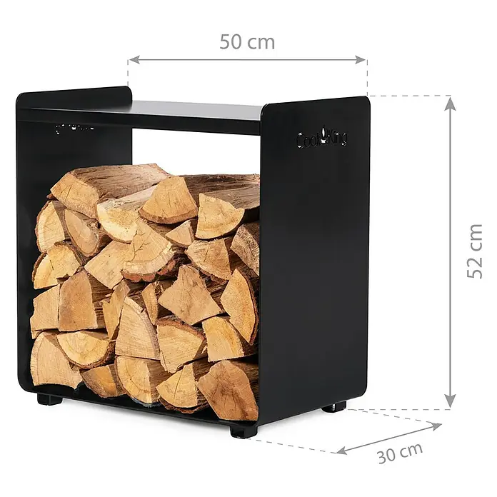 Kaminholzregal Fuego 50 - 50 x 30 x 52 cm, Stahl, Schwarz - Schwarzer Metall-Brennholzständer (50x52x30 cm) gefüllt mit Holz. Marke "Cook King".