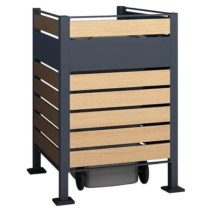 Westmann Mülltonnenbox Verkleidung Planum - 90 x 90 x 120 cm, Anthrazit/Holzoptik - Mülltonnenverkleidung aus dunkelgrauem Metall und hellen Holzlamellen, verdeckt eine graue Rollmülltonne.