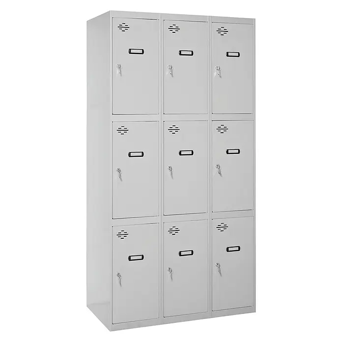 Simonrack Simonlocker Taquilla locker Prof. Doors - L x An x Al: 50 x 120 x 180 cm, Gris/Gris, Número de puertas: 9 ud. - Imagen de un armario metálico gris con nueve compartimentos y llaves para cada uno. El armario ofrece espacio de almacenamiento seguro.