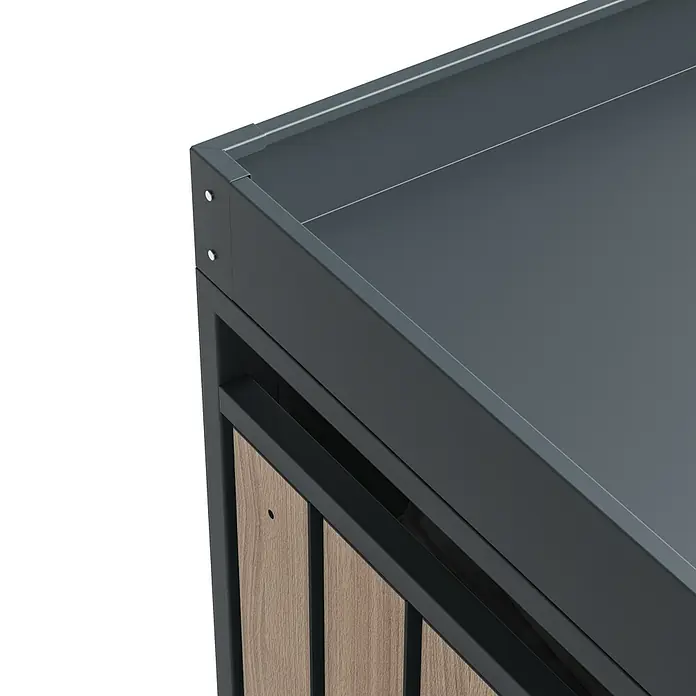 Westmann Mülltonnenbox Planta - Stahl, Anthrazit/Braun, Geeignet für Anzahl Mülltonnen: 3 Stk. - Nahaufnahme eines modernen grauen Outdoor-Grills mit Holzpaneelen, ideal für stilvolles Grillen im Freien.