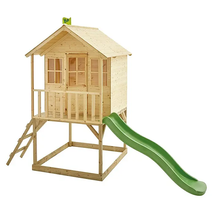 TP Toys Spielhaus Wald - L x B x H: 137 x 306 x 230 cm, Holz, Braun - Ein hölzernes Spielhaus mit Rutsche und Leiter für Kinder zum Spielen im Garten.