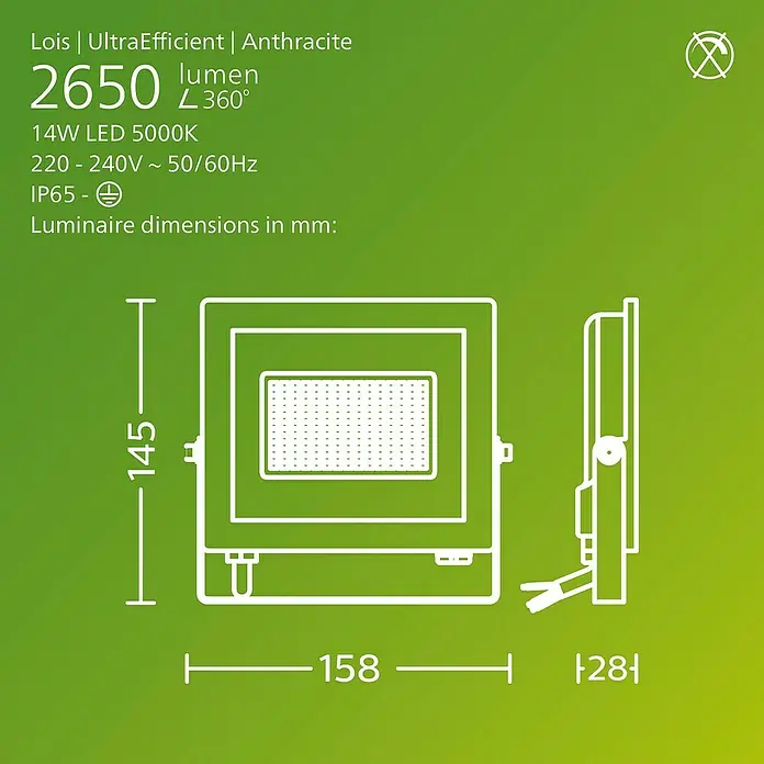 Philips Aplique exterior LED Lois - 15 W, 16 x 3 x 15 cm, Negro, IP65 - Imagen del producto: Proyector Lois UltraEfficient Anthracite, dimensiones mostradas en mm, incluyendo alto, ancho y profundidad.