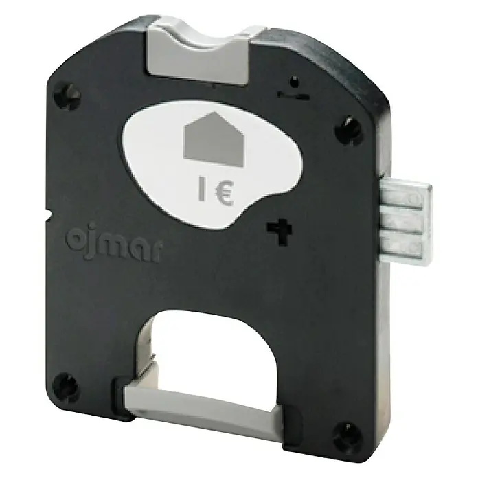 Simonrack Simonlocker Cerradura de monedero - Negro - Primer plano de una cerradura de puerta negra con detalles plateados y un símbolo con una casa y un signo de euro.