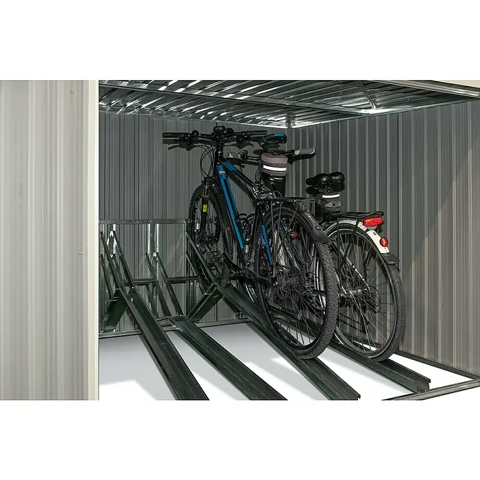 Westmann Fahrradgarage - Anthrazit, Außenmaß inkl. Dachüberstand (B x T): 200 x 202,5 cm - Zwei Fahrräder in einem Wellblech-Fahrradschuppen auf einem internen zweistufigen Regalsystem.