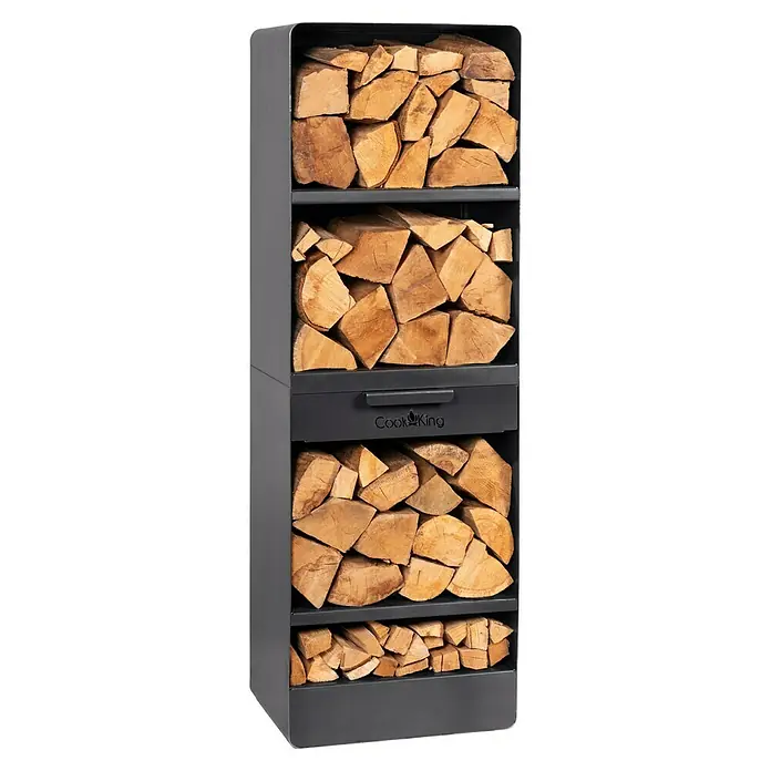 Kaminholzregal Vento - 40 x 30 x 120 cm, Stahl, Schwarz - Holzregal „Cook King“ mit mehreren Fächern, gefüllt mit Brennholz. Praktische und stilvolle Aufbewahrungsmöglichkeit für Kaminholz.