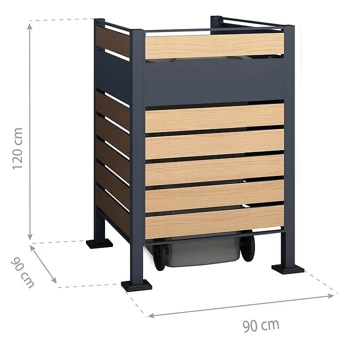 Westmann Mülltonnenbox Verkleidung Planum - 90 x 90 x 120 cm, Anthrazit/Holzoptik - Mülltonnenbox aus dunkelgrauem Metall und hellem Holz, 120x90x90 cm, mit Mülltonne.