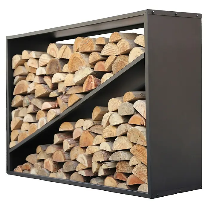 Westmann Kaminholzregal Hugo - 115 x 35 x 80 cm, Stahl, Schwarz - Ein modernes, schwarzes Kaminholzregal, gefüllt mit ordentlich gestapeltem Holz, bietet eine stilvolle und praktische Lösung zur Holzlagerung.