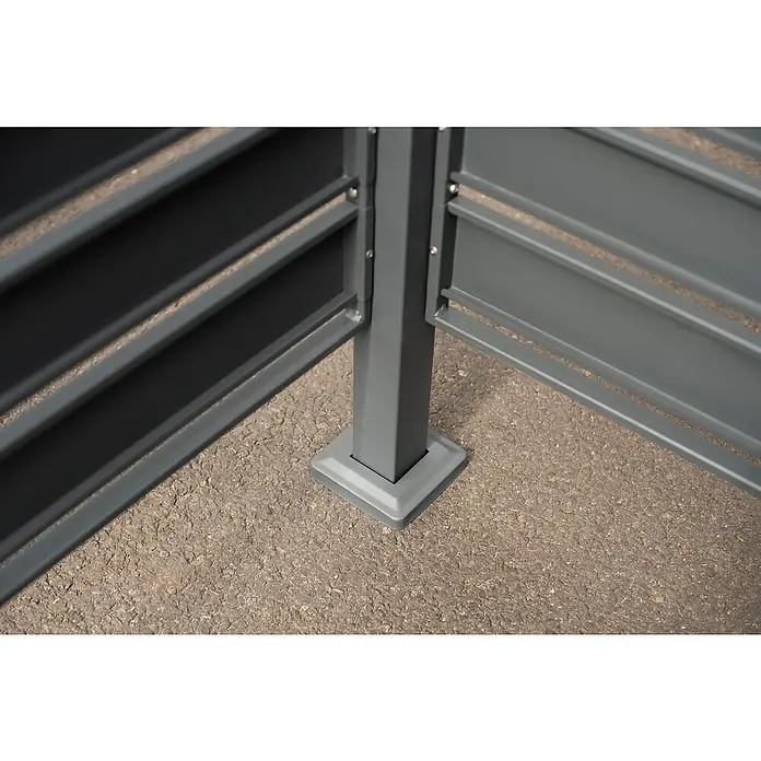 Westmann Mülltonnenbox Verkleidung Planum - 90 x 90 x 120 cm, Anthrazit/Grau - Nahaufnahme eines modernen grauen Metallzauns, der einen klaren und stabilen Eckpfosten mit quadratischer Basis zeigt.