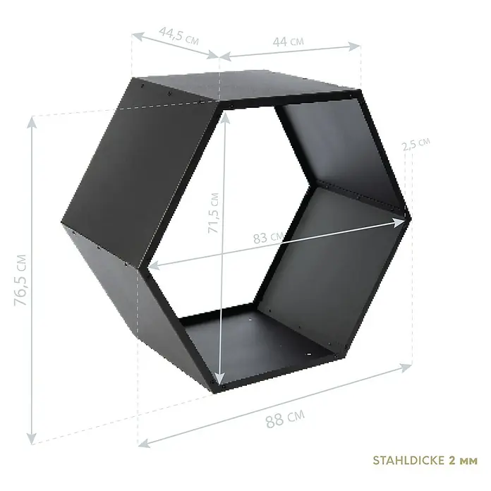Westmann Kaminholzregal Biene - 88 x 44,5 x 76,5 cm, Stahl, Schwarz - Abbildung eines schwarzen sechseckigen Wandregals mit Maßangaben zu seinen Dimensionen.