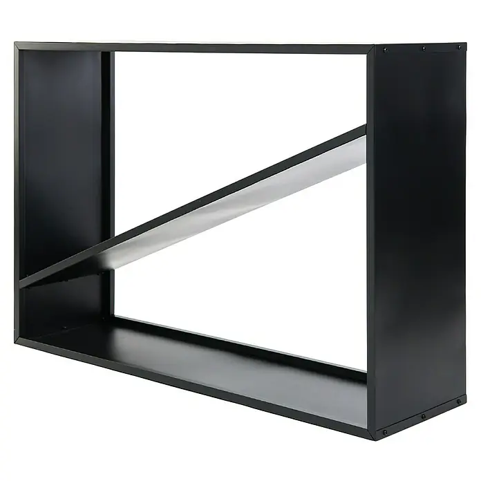 Westmann Kaminholzregal Hugo - 115 x 35 x 80 cm, Stahl, Schwarz - Nahaufnahme eines schwarzen, modernen Wandregals mit asymmetrischem Design, ideal für stilvolle Wohnraumgestaltung.