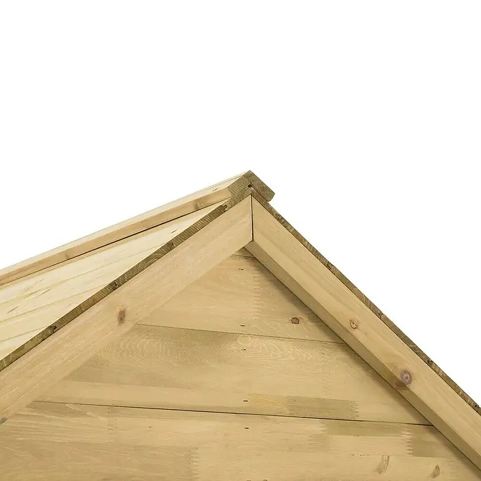 Zwerkules Spielhaus Holla - L x B x H: 97,5 x 121 x 140 cm, Holz, Natur - Detailansicht eines hölzernen Gartenhausdachs, das die Konstruktion und die natürliche Holzmaserung hervorhebt. Ideal für Gartenprojekte.