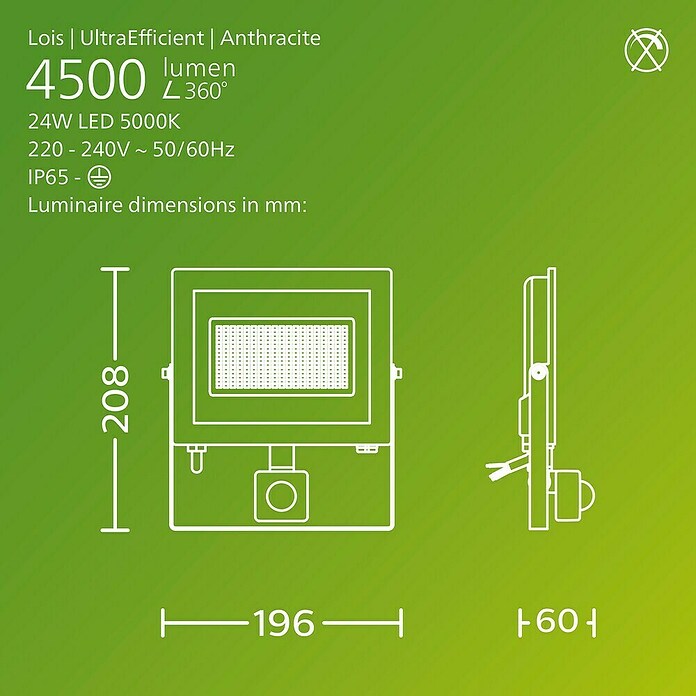 Philips Aplique exterior LED Lois (24 W, 20 x 6 x 21 cm, Antracita, IP65) | BAUHAUS