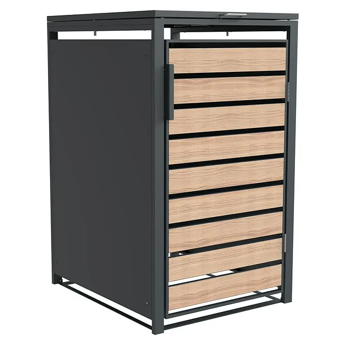 Westmann Mülltonnenbox Lacina - Stahl, Anthrazit/Braun, Geeignet für Anzahl Mülltonnen: 1 Stk. - Das Produkt ist eine stilvolle, moderne Mülltonnenbox mit Holzverkleidung und grauem Rahmen, ideal für den Außenbereich.
