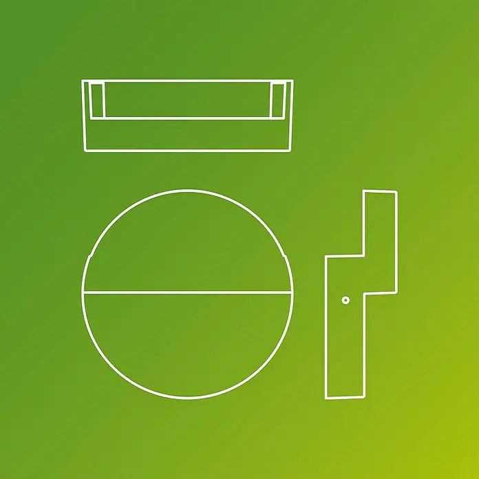 Philips Aplique exterior LED Valor - 4,3 W, 18 x 6 x 18 cm, Antracita, IP44 - Representación esquemática de una cama, una esfera y un objeto en forma de L sobre un fondo verde.