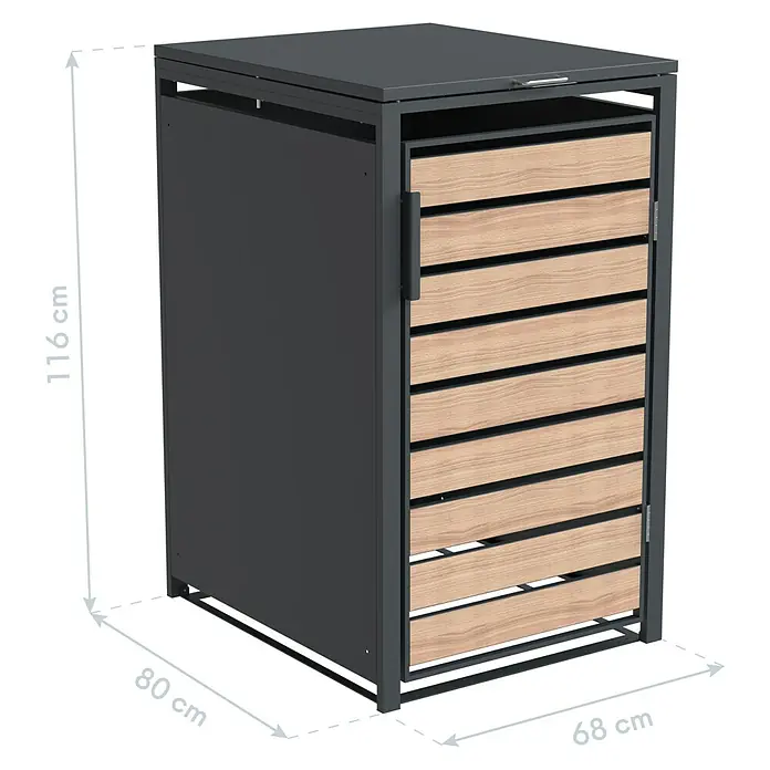 Westmann Mülltonnenbox Lacina - Stahl, Anthrazit/Braun, Geeignet für Anzahl Mülltonnen: 1 Stk. - Abbildung eines Mülltonnenbox-Metallschranks mit Holzpaneelen für den Außenbereich.