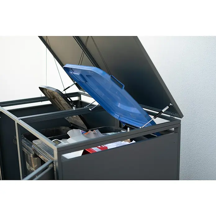 Westmann Mülltonnenbox Kubus - Stahl, Anthrazit, Geeignet für Anzahl Mülltonnen: 2 Stk. - Ansicht eines Mülltonnenverkleidung mit geöffneten Deckeln, die die Müllbehälter im Inneren freigeben, die voller Müll sind.
