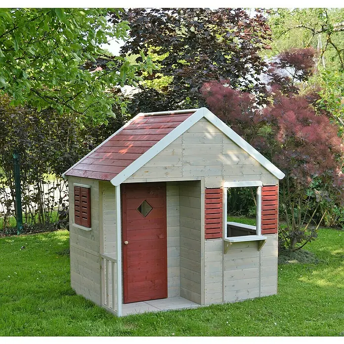 Wendi Toys Spielhaus Krokodil - L x B x H: 120 x 155 x 168 cm, Holz, Natur / Rot - Ein charmantes Holzspielhaus mit rotem Dach und Fensterläden steht im grünen Garten und lädt zum Spielen ein.