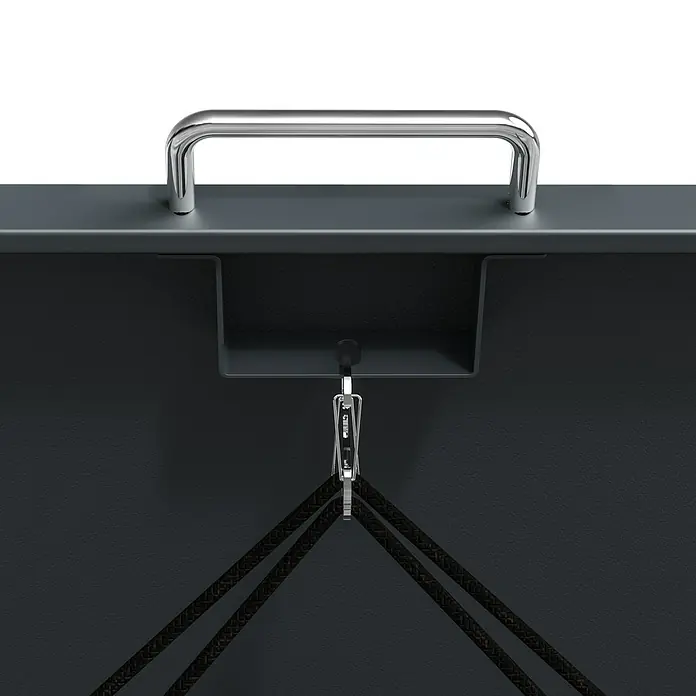 Westmann Mülltonnenbox Lacina - Stahl, Anthrazit/Braun, Geeignet für Anzahl Mülltonnen: 4 Stk. - Detailaufnahme einer Tragetasche mit Metallgriff, Befestigung und schwarzen Seilen, die Stabilität und Funktionalität vereint.