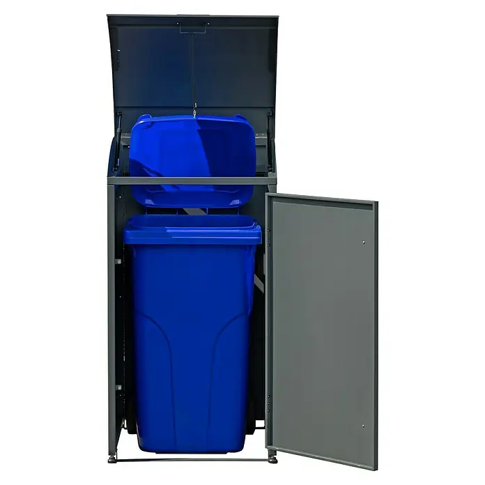 Westmann Mülltonnenbox Moderna - Stahl, Anthrazit, Geeignet für Anzahl Mülltonnen: 1 Stk. - Blaue Mülltonne in einem grauen Mülltonnenständer mit geöffneter Tür und Deckel. Ideal für die Müllentsorgung im Außenbereich.