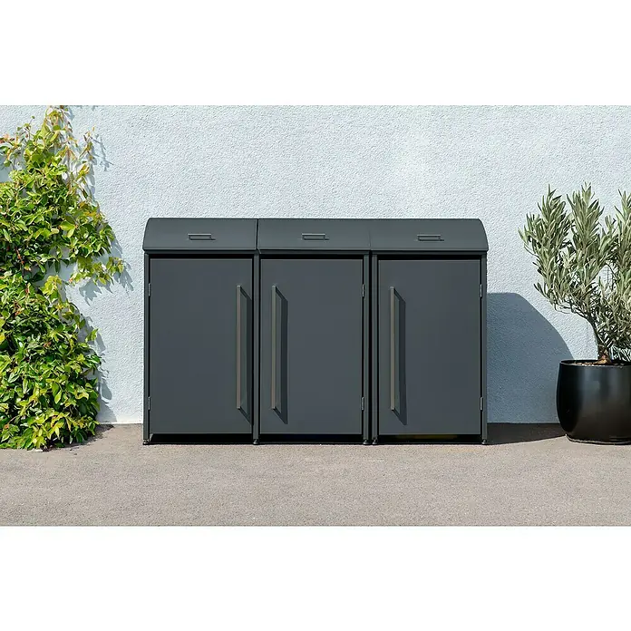 Westmann Mülltonnenbox Moderna - Stahl, Anthrazit, Geeignet für Anzahl Mülltonnen: 3 Stk. - Eine Mülltonnenbox in Anthrazit mit drei separaten Fächern und Griffen, die sich ideal für die Mülltrennung im Außenbereich eignet.
