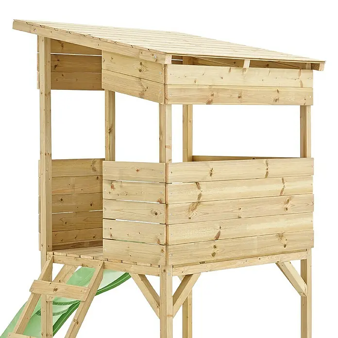 Westmann Spielhaus Wildnis - L x B x H: 241 x 167 x 205 cm, Holz, Braun - Detaillierte Ansicht eines hölzernen Spielhauses mit Rutsche, das für Kinder zum Spielen im Garten konzipiert wurde.