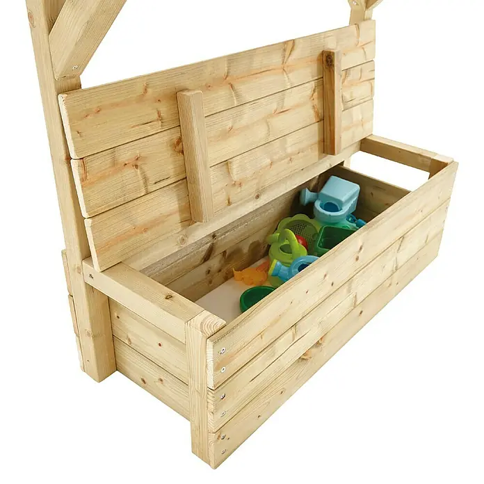 Westmann Spielhaus Wildnis - L x B x H: 241 x 167 x 205 cm, Holz, Braun - Offene Holzkiste mit Spielzeug. Die natürliche Holzfarbe und das robuste Design machen sie zu einer idealen Aufbewahrungslösung.