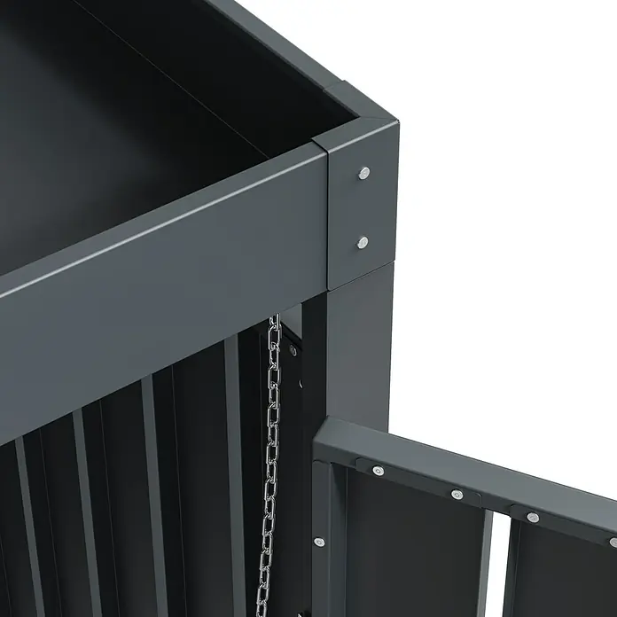 Westmann Mülltonnenbox Planta - Stahl, Anthrazit/Braun, Geeignet für Anzahl Mülltonnen: 3 Stk. - Detailaufnahme einer dunkelgrauen Metallstruktur mit Nietverbindungen und einer Kette, die Design und Konstruktion hervorhebt.