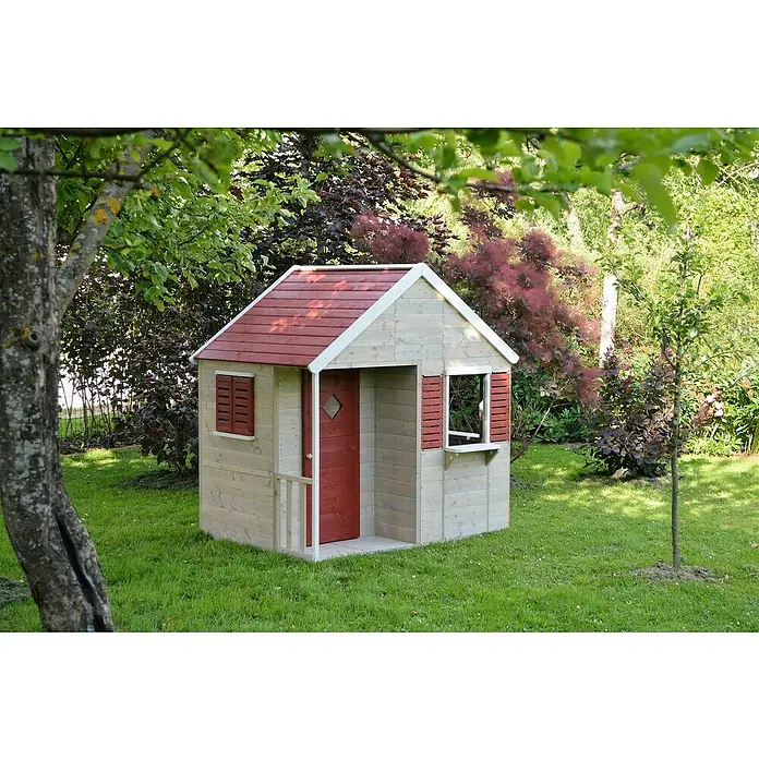 Wendi Toys Spielhaus Krokodil - L x B x H: 120 x 155 x 168 cm, Holz, Natur / Rot - Ein charmantes Holzspielhaus mit roten Akzenten, umgeben von üppigem Grün, lädt Kinder zum Spielen und Entdecken im Garten ein.