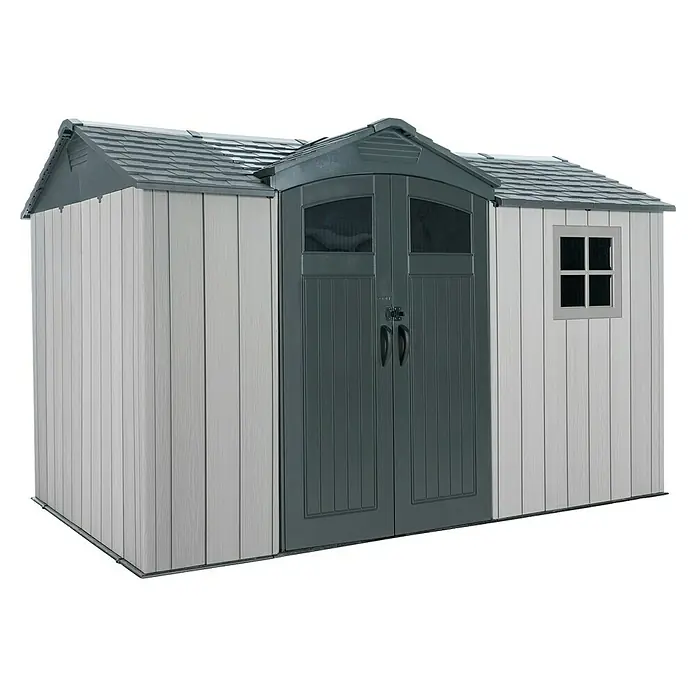 Lifetime Gerätehaus Pluto - Außenbreite inkl. Dachüberstand: 356 cm, Außentiefe inkl. Dachüberstand: 213,1 cm, Kunststoff, Grau - Heller und dunkelgrauer Kunststoff-Gartenschuppen mit Doppeltüren und Seitenfenster, ideal für Außenlagerung.