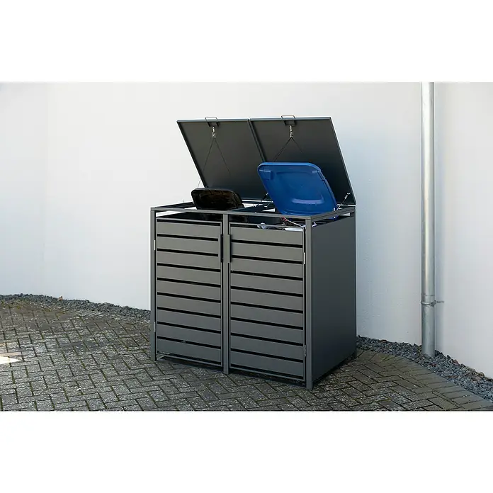 Westmann Mülltonnenbox Kubus - Stahl, Anthrazit, Geeignet für Anzahl Mülltonnen: 2 Stk. - Mülltonnenbox aus Metall mit zwei Fächern und geöffneten Deckeln, ideal für die Mülltrennung im Außenbereich.