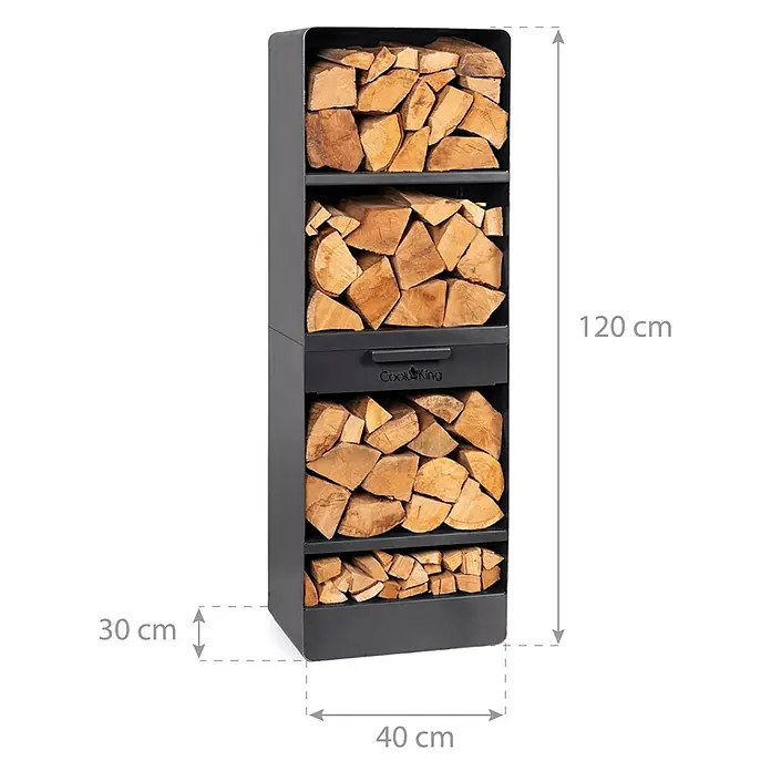 Kaminholzregal Vento - 40 x 30 x 120 cm, Stahl, Schwarz - Brennholzregal Cook King aus schwarzem Stahl. Praktisch und dekorativ, ideal für die Aufbewahrung von Holzscheiten.
