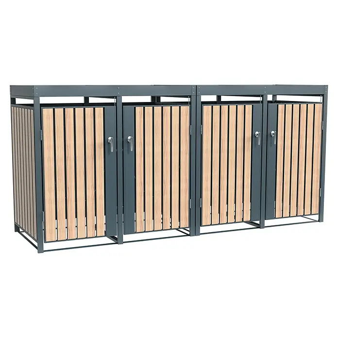 Westmann Mülltonnenbox Planta - Stahl, Anthrazit/Braun, Geeignet für Anzahl Mülltonnen: 4 Stk. - Mülltonnenbox aus dunkelgrauem Metall mit hellen Holzlatten, mit mehreren Fächern und Türen.