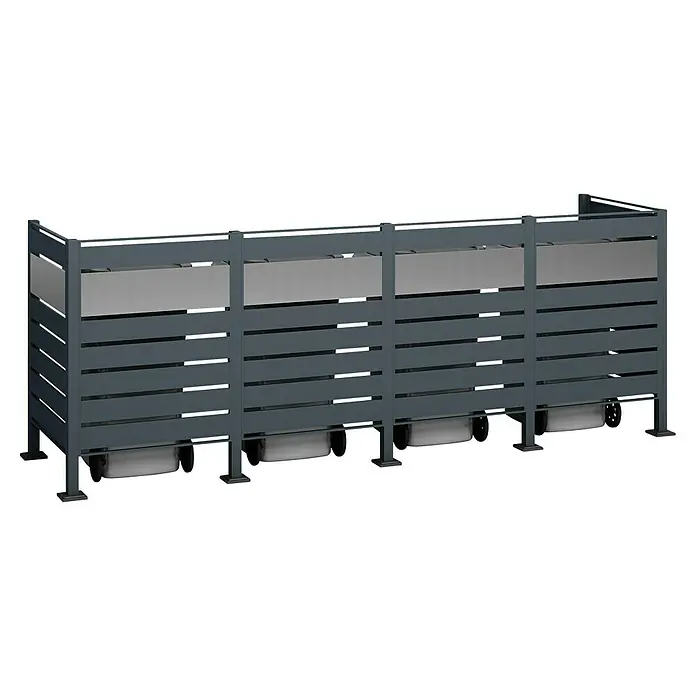 Westmann Mülltonnenbox Verkleidung Planum - 90 x 330 x 120 cm, Anthrazit/Grau - Ansicht der modernen Mülltonnenbox mit grauem Rahmen und horizontalen Lamellen. Die Mülltonnenbox bietet eine ästhetische Lösung zur Aufbewahrung.