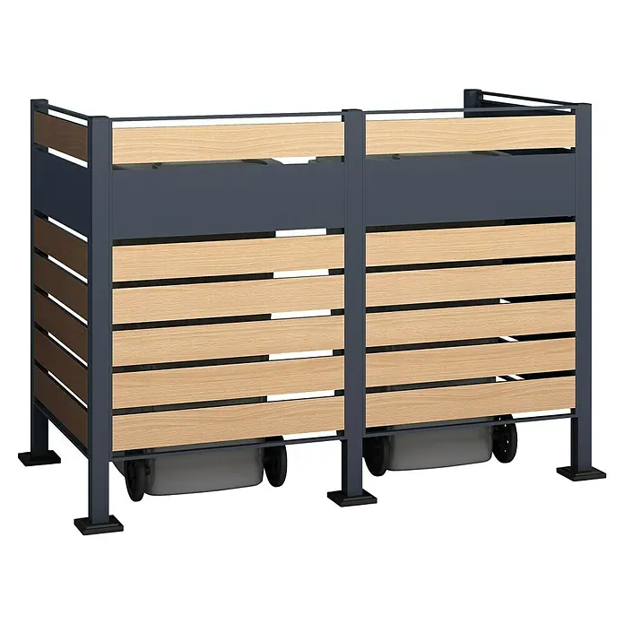 Westmann Mülltonnenbox Verkleidung Planum - 90 x 170 x 120 cm, Anthrazit/Holzoptik - Dunkelgraue Metall- und Holzlatten-Mülltonnenbox für zwei Behälter, mit zwei grauen Rollmülltonnen sichtbar.